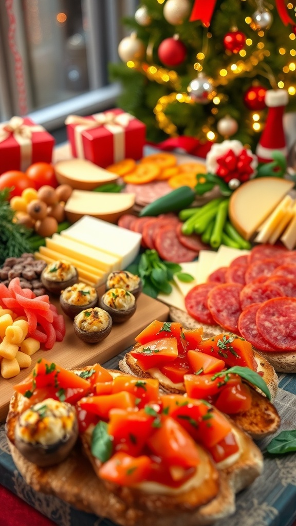 A festive assortment of Christmas appetizers including a cheese board, stuffed mushrooms, and bruschetta on a decorated table.